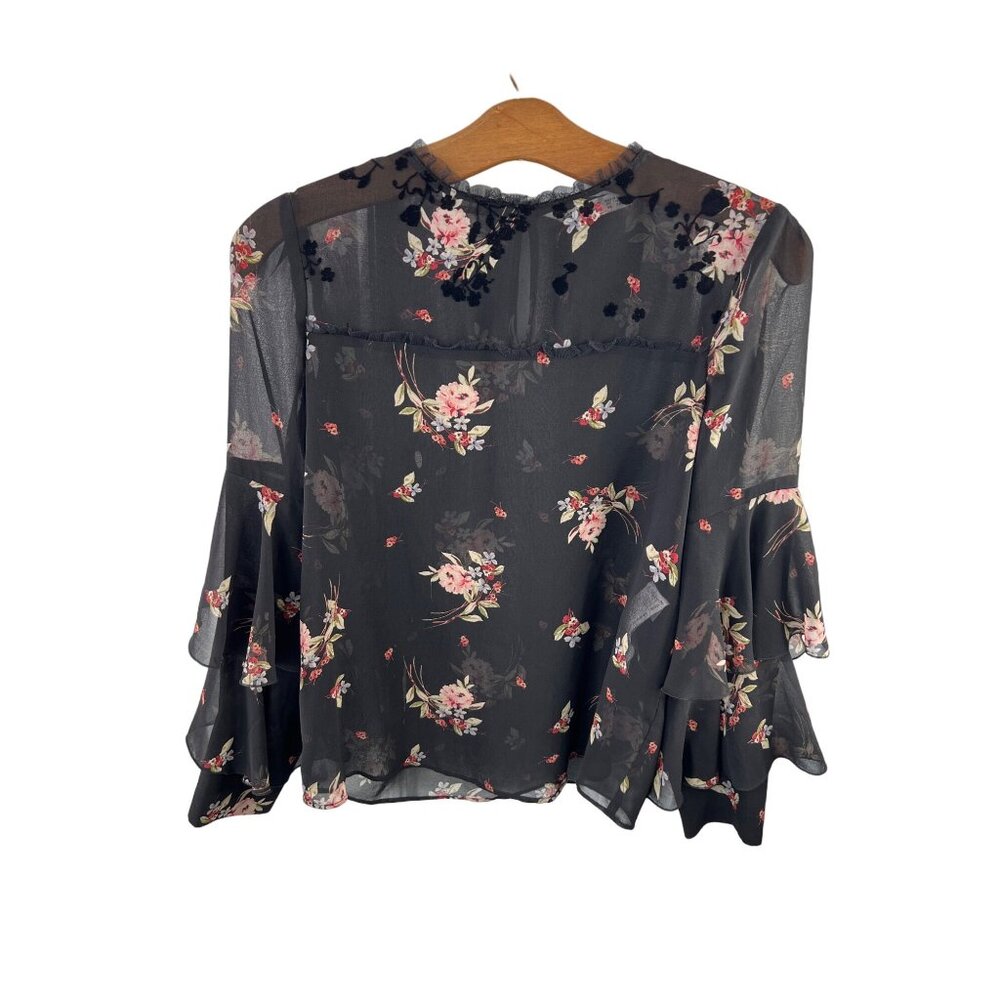 Zara Basic Size XS Floral Sheer Blouse Black Ruffle Bell Sleeve Fairygoth